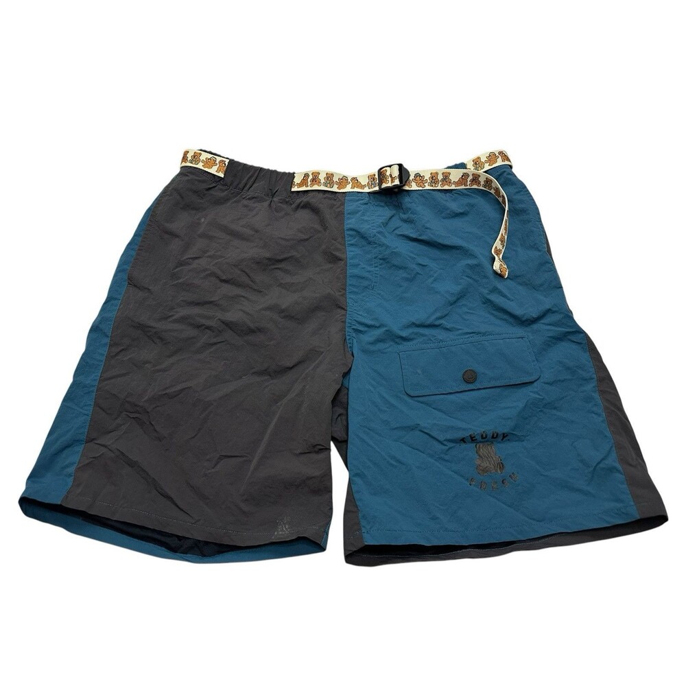 Men's Teddy Fresh Belted Nylon Swim Shorts 8" Size Large Black/Blue Colorblock